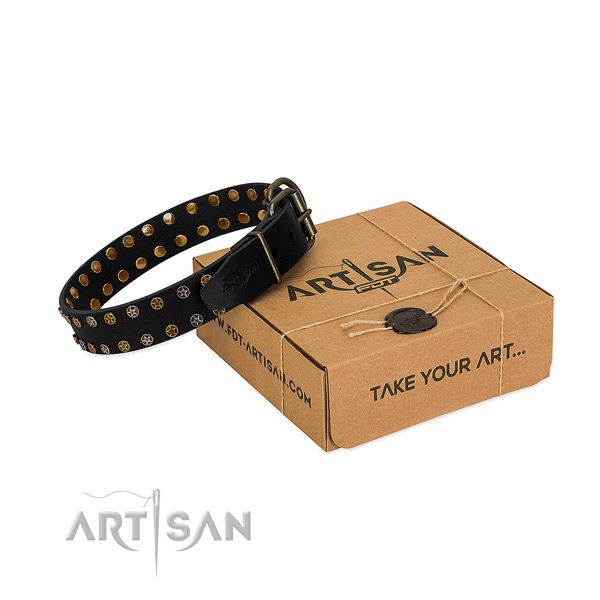Full grain genuine leather collar with unusual decorations for your pet