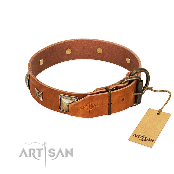 Natural genuine leather dog collar with corrosion resistant buckle and embellishments