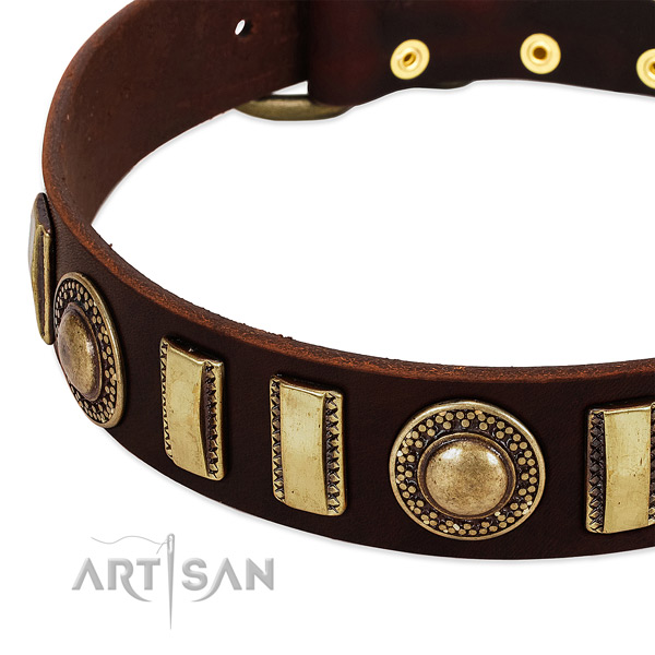 Reliable full grain natural leather dog collar with strong buckle