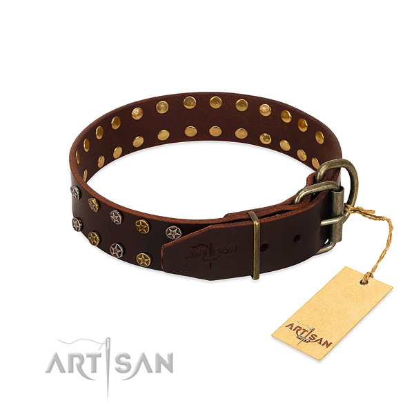Comfy wearing full grain genuine leather dog collar with designer adornments