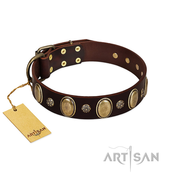 Comfy wearing gentle to touch full grain genuine leather dog collar with decorations