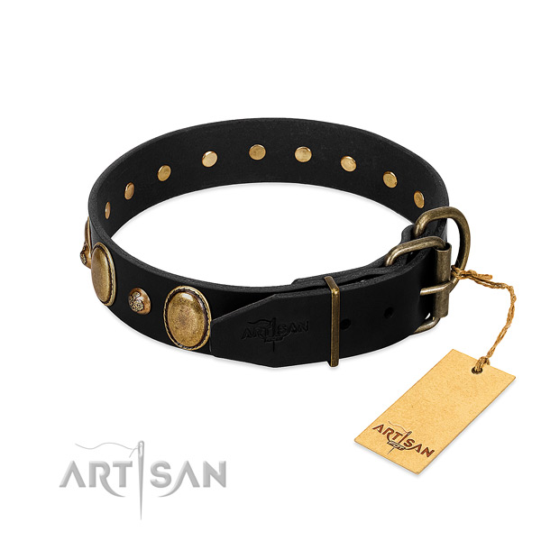 Reliable hardware on natural genuine leather collar for walking your doggie