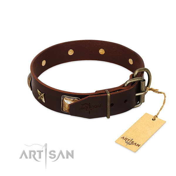 Full grain natural leather dog collar with corrosion proof buckle and adornments