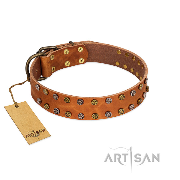 Daily walking gentle to touch full grain genuine leather dog collar with studs