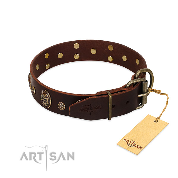 Durable D-ring on full grain natural leather dog collar for your pet