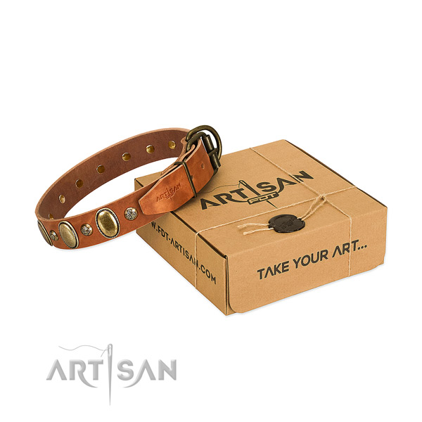 Stylish full grain natural leather dog collar with strong D-ring