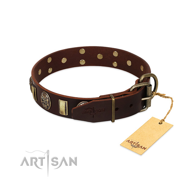 Leather dog collar with reliable fittings and adornments