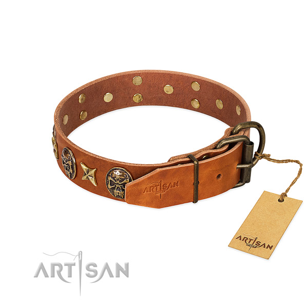 Full grain genuine leather dog collar with corrosion resistant traditional buckle and embellishments