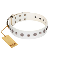 "Drops on Snow" Handmade FDT Artisan White Leather Rottweiler Collar Adorned with Silver-Like Studs "Drops on Snow" Handmade FDT Artisan White Leather Rottweiler Collar Adorned with Silver-Like Studs